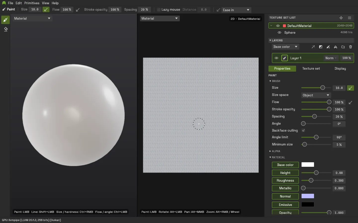 inkpainter3d: 3D viewport, UV view, texture set list, layers and brush settings